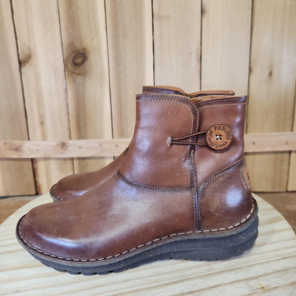 Pikolinos Cazorla Boots Womens 7 38 Brown Leather Ankle Zip Wedge Booties